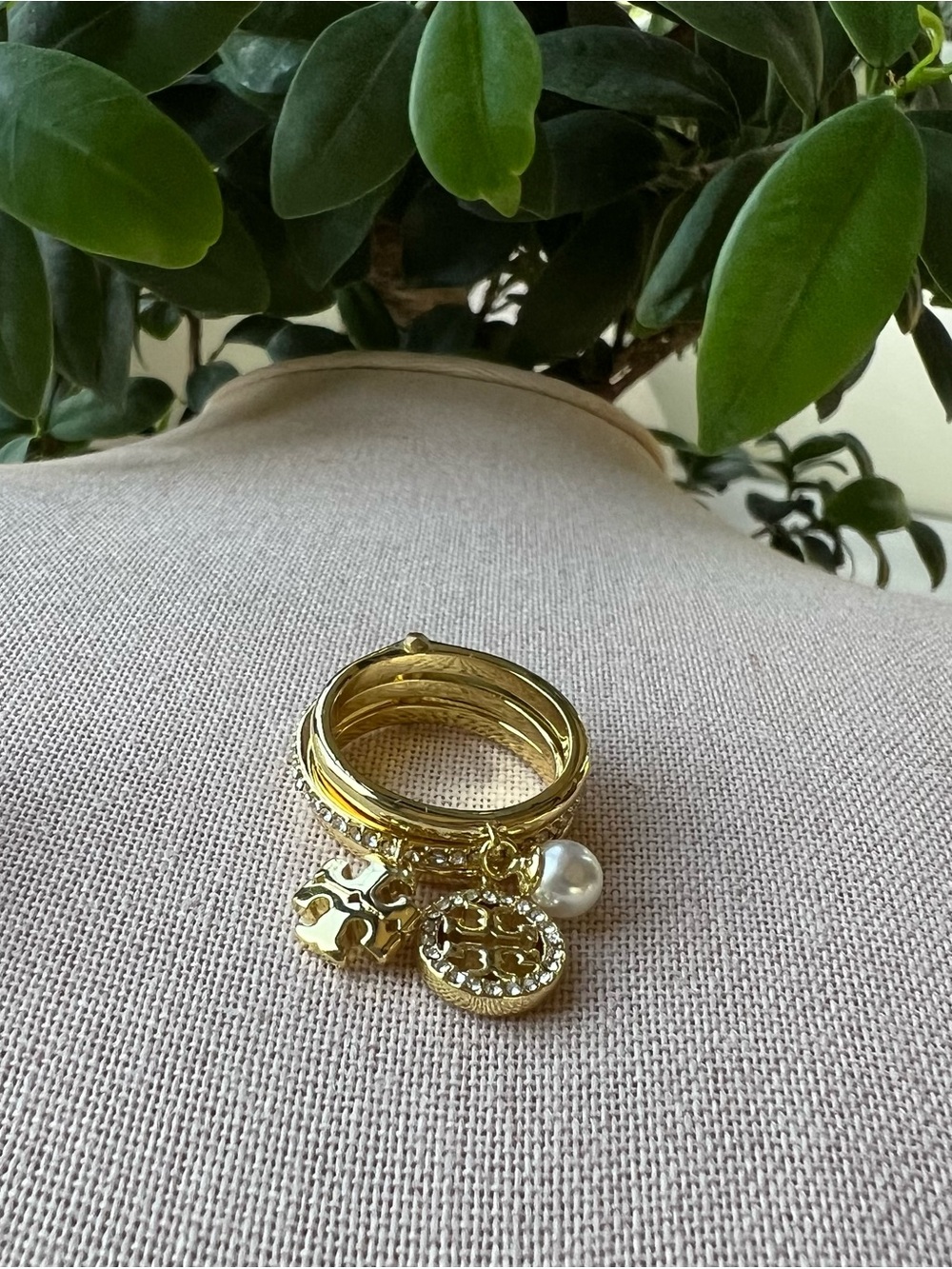 Tory Burch Gold Charm Stackable Ring with Pearl Accent Size 8